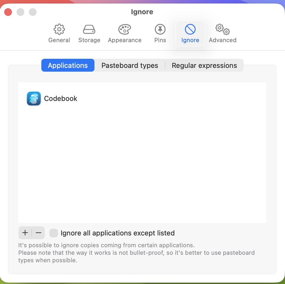 Maccy's Ignore settings on macOS, with the Codebook password vault listed under Applications so its copies are never recorded