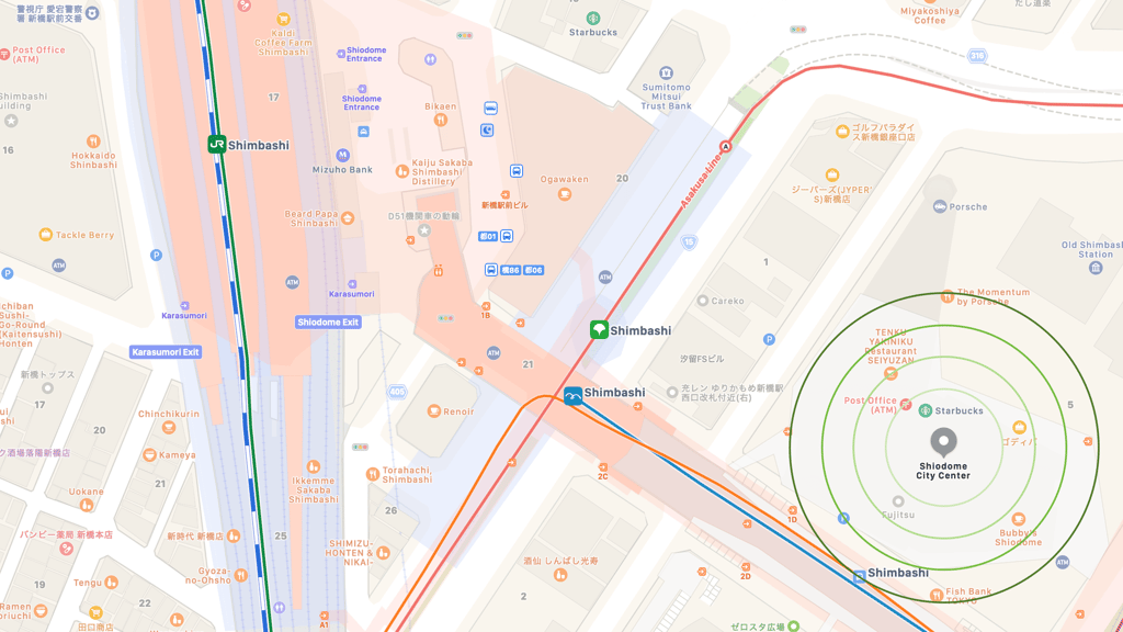 Map of area around eSolia office in the Shiodome City Center, including JR Shimbashi Rail station