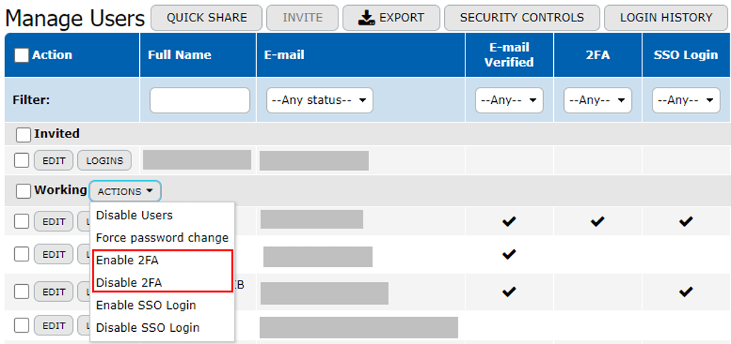 PROdb Manage Users画面で2FAを有効にする