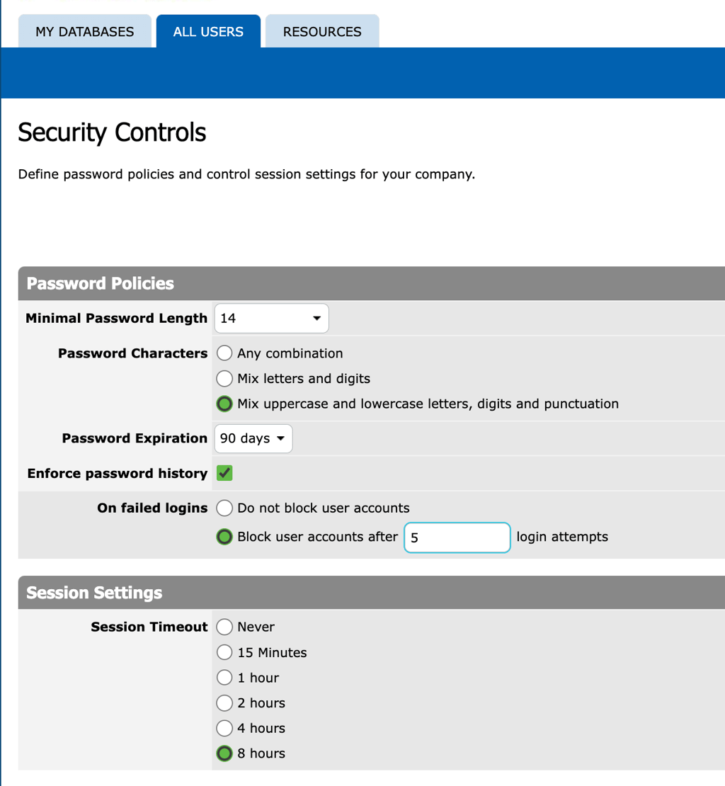PROdb Security Controls 設定画面