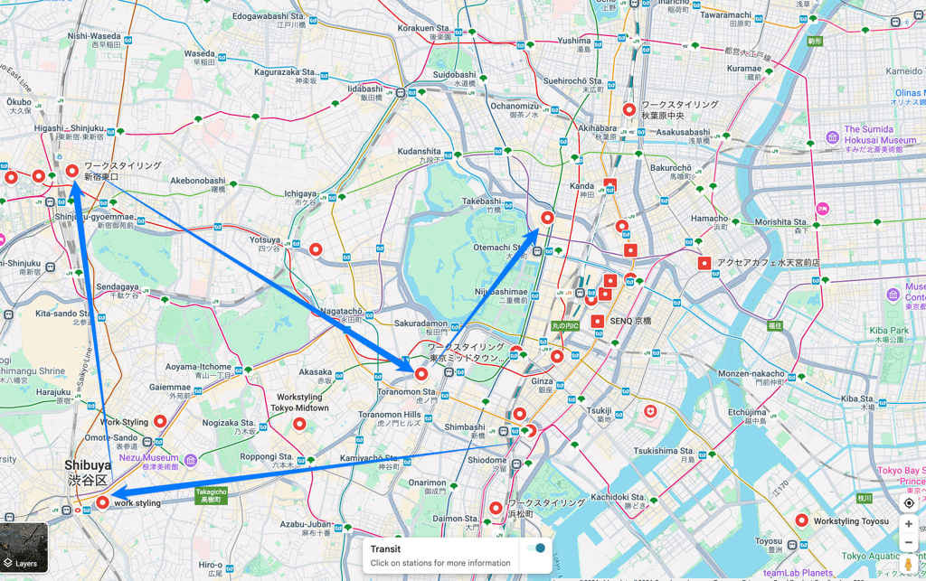 東京都内のイソリア拠点マップ：JR新橋近くの本社から都内各所のサテライトオフィスへ