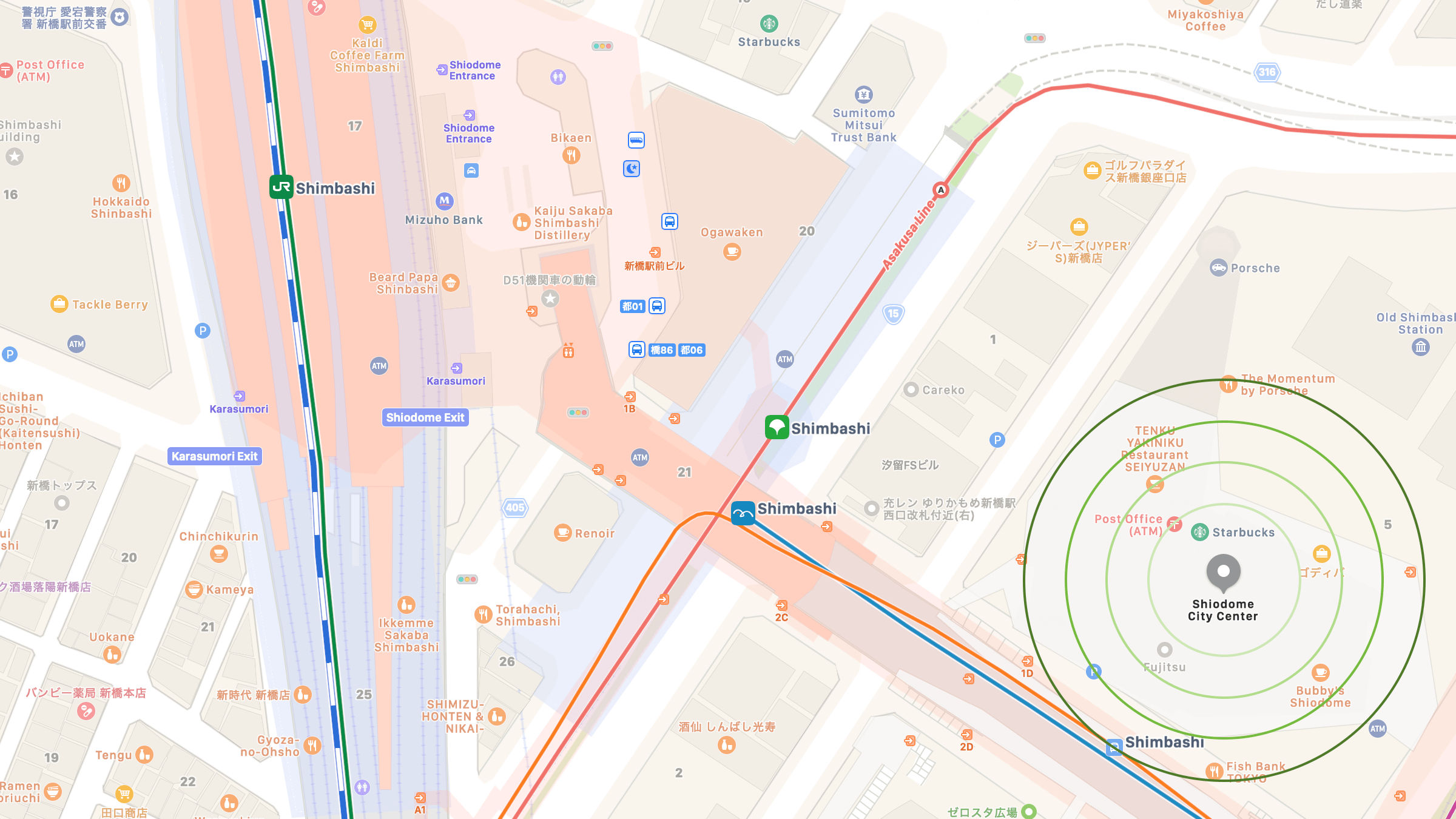 Screenshot of map of area around eSolia office in the Shiodome City Center, including JR Shimbashi Rail station.